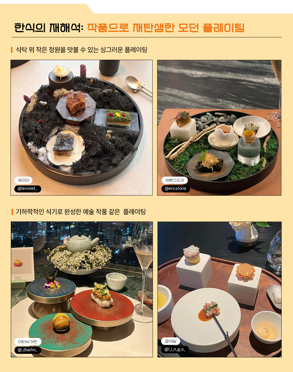 한식의 재해석: 작품으로 재탄생한 모던 플레이팅 식탁 위 작은 정원을 맛볼 수 있는 싱그러운 플레이팅, 기하학적인 식기로 완성한 예술 작품 같은 플레이팅