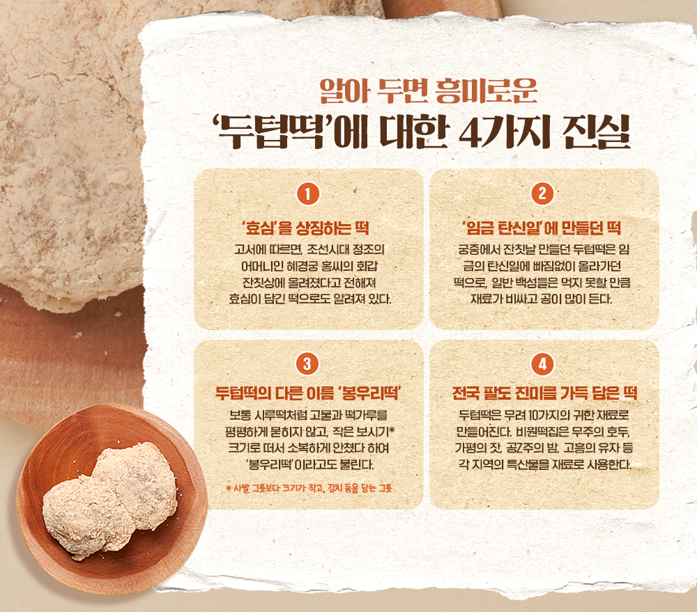 알아 두면 흥미로운 '두텁떡'에 대한 4가지 진실 1. '효심'을 상징하는 떡 고서에 따르면, 조선시대 정조의 어머니인 혜경궁 홍씨의 회갑 잔칫상에 올려졌다고 전해져 효심이 담긴떡으로도 알려져 있다. 2. '임금 탄신일'에 만들던 떡 궁중에서 잔칫날 만들던 두텁떡은 임금의 탄신일에 빠짐없이 올라가던 떡으로, 일반 백성들은 먹지 못할 만큼 재료가 비싸고 공이 많이 든다. 3. 두텁떡의 다른 이름 '봉우리떡' 보통 시루떡처럼 고물과 떡가루를 평평하게 묻히지 않고, 작은 보시기* 크기로 떠서 소복하게 안쳤다 하여 '봉우리떡'이라고도 불린다. *사발 그릇보다 크기가 작고, 김치 등을 담는 그릇 4. 전국 팔도 진미를 가득 담은 떡 두텁떡은 무려 10가지의 귀한 재료로 만들어진다. 비원떡집은 무주의 호두, 가평의 잣, 공Z주의 밤, 고흥의 유자 등 각 지역의 특산물을 재료로 사용한다.