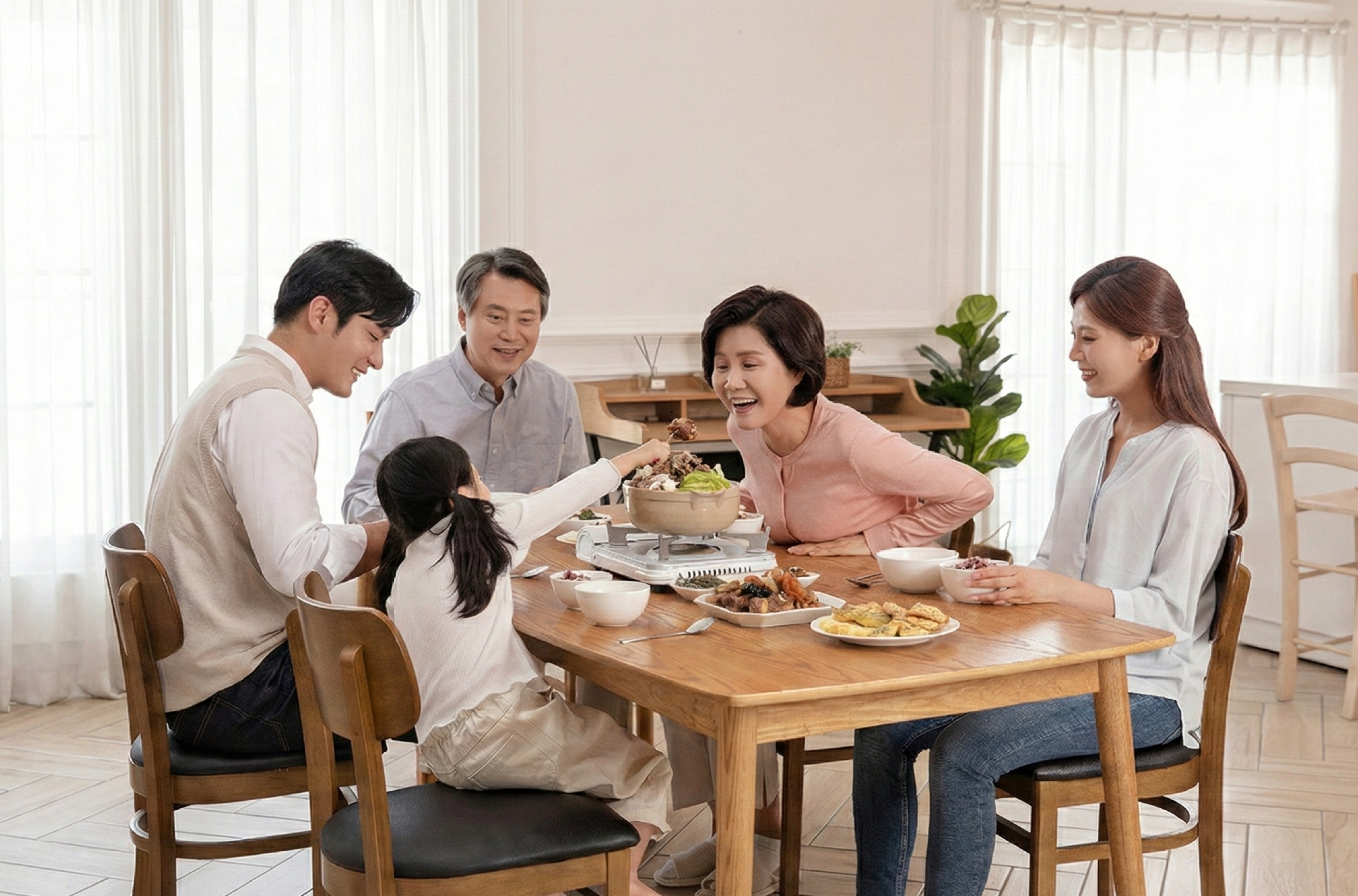 식탁에 둘러앉아 식사를 하고있는 가족의 모습