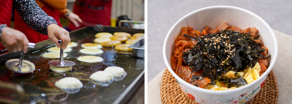 (왼쪽) 호떡 굽는 모습 (오른쪽) 컵밥