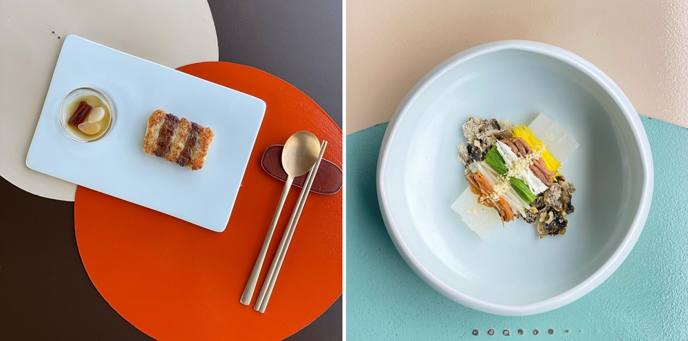 Menu of the Hansik fine dining restaurant Hansik Gonggan. (From left) Mineosaseuljeok (Skewer Grilled Meat and Croaker), Tangpyeongchae (Mung Bean Jelly Salad), and Gimbugak (Laver Chips)