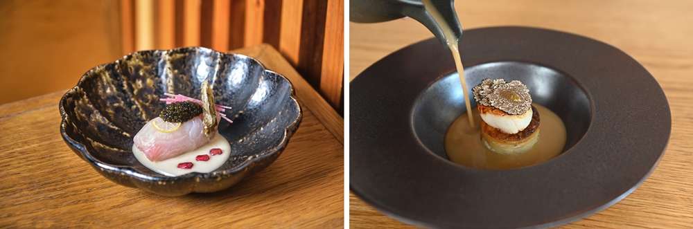 백김치와 사과를 잿방어로 말아 캐비어를 올린 김치말이 잿방어, 된장구과 가리비, 감자, 서양송로버섯으로 만든 된장 스프3