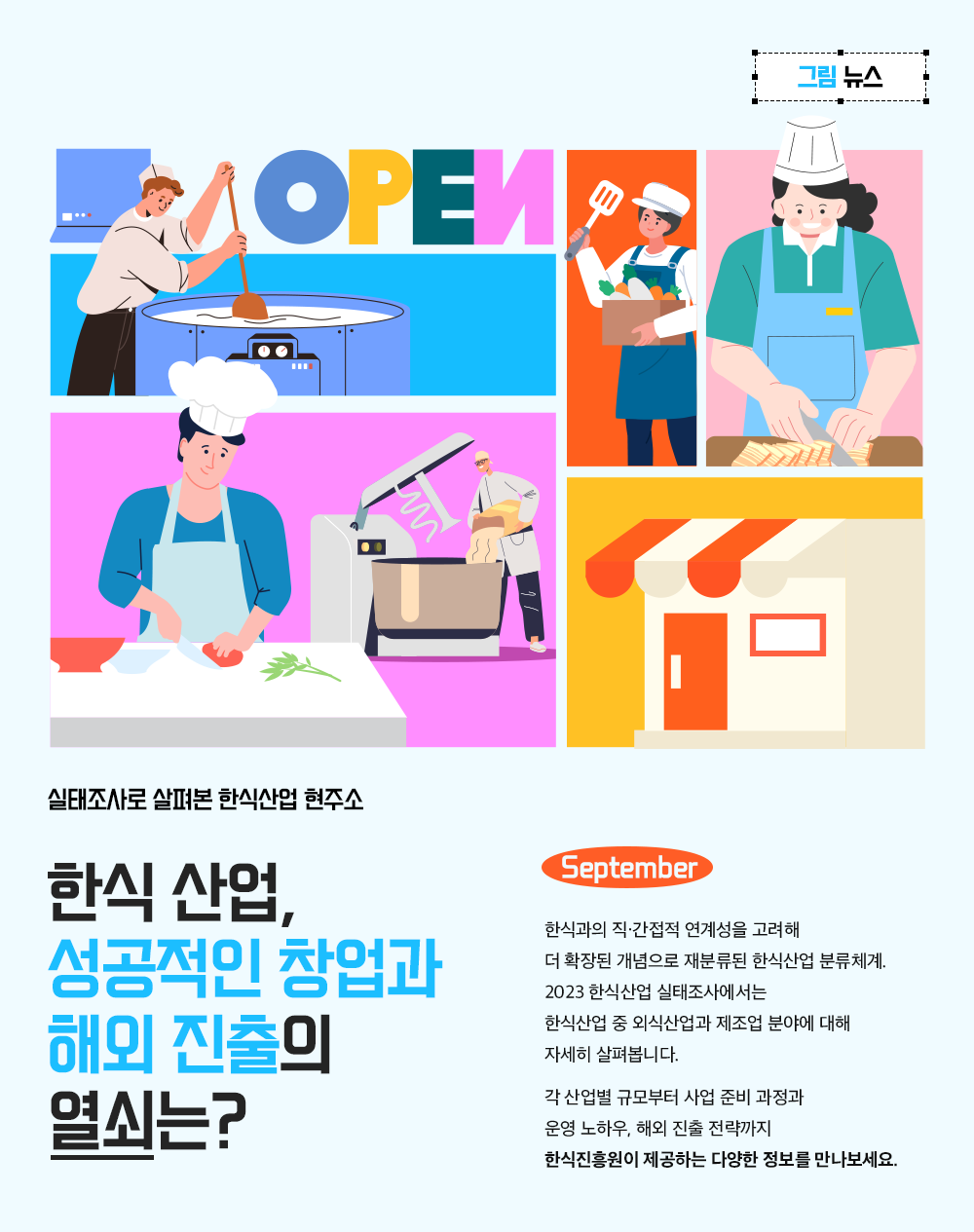 실태조사로 살펴본 한식산업 현주소 한식산업, 성공적인 창업과 해외 진출의 열쇠는? September 한식과의 직간접적 연계성을 고려해 더 확장되 개념으로 재분류된 한식산업 분류체계. 2023 한식산업 실태조사에서는 한식산업 중 외식산업과 제조업 분야에 대해 자세히 살펴봅니다. 각 산업별 규모부터 사업 준비과정과 운영 노하우, 해외진출 전략까지 한식진흥원이 제공하는 다양한 정보를 만나보세요.