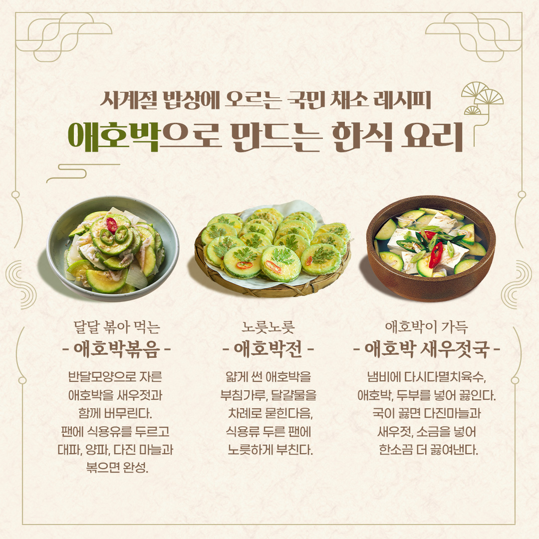 사계절 밥상에 오르는 국민 채소 레시피 애호박으로 만드는 한식 요리 달달 볶아 먹는 -애호박 볶음- 반달모양으로 자른 애호박을 새우젓과 함께 버무린다. 팬에 식용유를 두르고 대파, 양파, 다진마늘과 볶으면 완성. 노릇노릇 -애호박전- 얇게 썬 애호박을 부팀가루, 달걀물을 차례로 묻힌 다음, 식용류 두른 팬에 노륵하게 부친다. 애호박이 가득 -애호박 새우젓국- 냄비에 다시다멸치국수, 애호박 두부를 넣어 끓인다. 국이 끓으면 다진 마늘과 새우젓, 소금을 넣어 한소끔 더 끓여낸다.