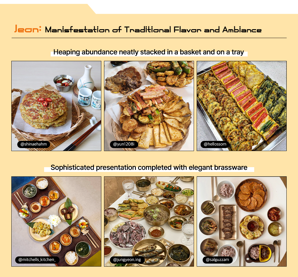 Jeon: Manisfestation of Traditional Flavor and Ambiance Heaping abundance neatly stacked in a basket and on a tray Sophisticated presentation completed with elegant brassware