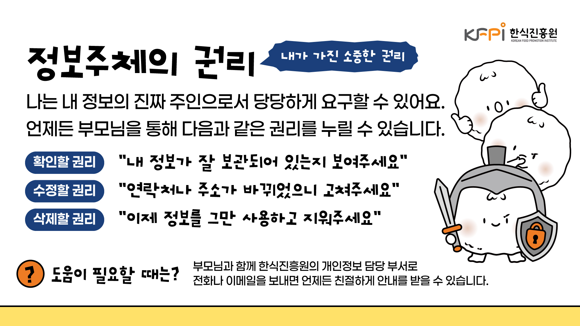 정보주체의 권리를 안내합니다. 나는 내 정보의 진짜 주인으로서 언제든 부모님을 통해 내 정보가 잘 보관되어 있는지 확인하고, 연락처나 주소가 바뀌었을 때 수정하고, 정보 사용을 중단하고 삭제해 달라고 요구할 수 있습니다. 도움이 필요할 때는 부모님과 함께 한식진흥원의 개인정보 담당 부서로 전화하거나 이메일을 보내면 안내받을 수 있습니다.